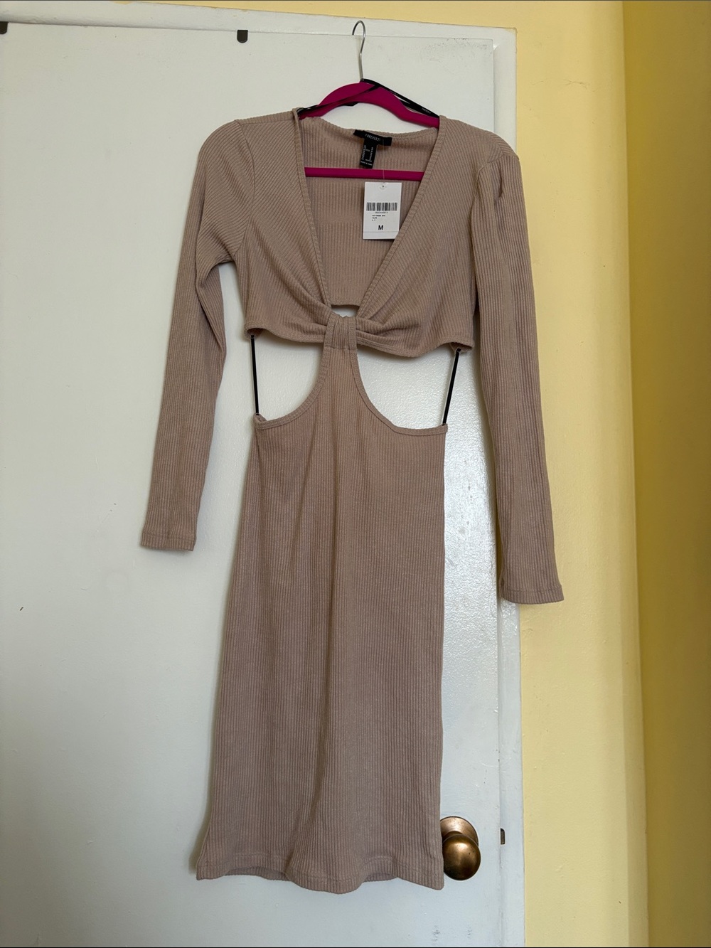 Forever 21 Taupe Rib-Knit Long Sleeve Cutout Midi Dress